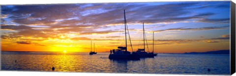 Framed Silhouette of sailboats in the ocean at sunset, Tahiti, Society Islands, French Polynesia Print