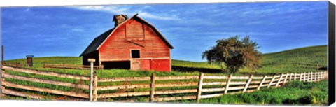 Framed Old barn with fence in a field, Palouse, Whitman County, Washington State, USA Print