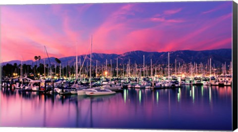 Framed Boats moored in harbor at sunset, Santa Barbara Harbor, Santa Barbara County, California, USA Print