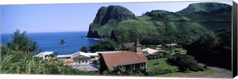 Framed Village at a coast, Kahakuloa, Highway 340, West Maui, Hawaii, USA Print