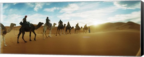 Framed Tourists riding camels through the Sahara Desert landscape led by a Berber man, Morocco Print