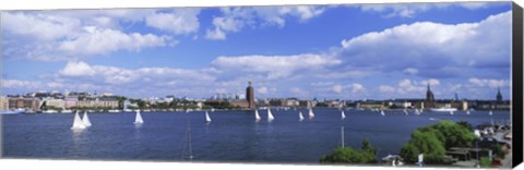 Framed Sailboats in a lake with the city hall in the background, Riddarfjarden, Stockholm City Hall, Stockholm, Sweden Print