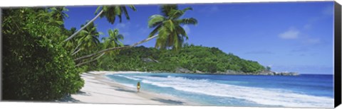 Framed Woman walking on the beach, Anse Takamaka Beach, Mahe Island, Seychelles Print