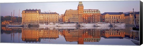 Framed Ferries and Sailboats moored at a harbor, Nybroviken, SAS Radisson Hotel, Stockholm, Sweden Print