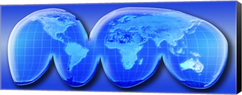 Framed Map of World from Goode&#39;s Homolosine Projection (blue) Print