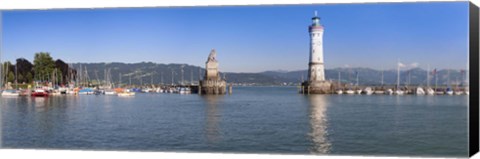 Framed Entrance of the harbor with the Bavarian lion and the lighthouse, Lindau, Lake Constance, Bavaria, Germany Print