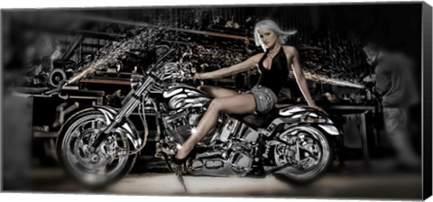 Framed Female model with a motorcycle in a workshop Print