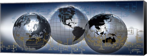 Framed Three globes with electronic diagram Print