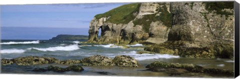 Framed Rock formations on the beach, Whiterocks Beach, Portrush, County Antrim, Northern Ireland Print