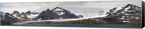 Framed Bay in front of snow covered mountains, Grace Glacier, Salisbury Plain, Bay of Isles, South Georgia Island Print