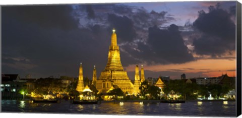 Framed Buddhist temple lit up at dawn, Wat Arun, Chao Phraya River, Bangkok, Thailand Print