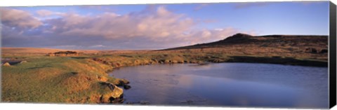 Framed Pond and warm evening light at Sharpitor, Dartmoor, Devon, England Print