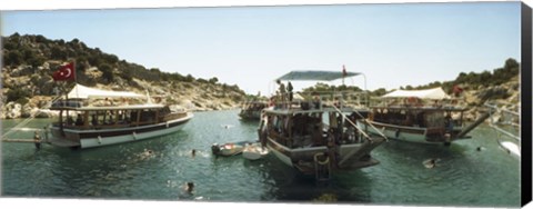 Framed Boats with people swimming in the Mediterranean sea, Kas, Antalya Province, Turkey Print