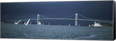 Framed Storm approaches sailboats racing past Rose Island lighthouse and Newport Bridge in Narragansett Bay, Newport, Rhode Island USA Print