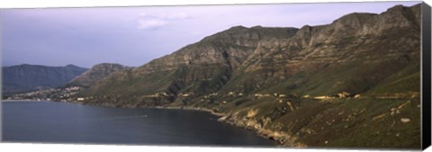 Framed Road towards a mountain peak with town, Mt Chapman&#39;s Peak, Hout Bay, Cape Town, Western Cape Province, Republic of South Africa Print