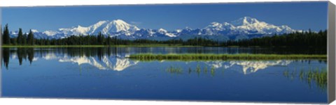 Framed Reflection Of Mountains In Lake, Mt Foraker And Mt Mckinley, Denali National Park, Alaska, USA Print