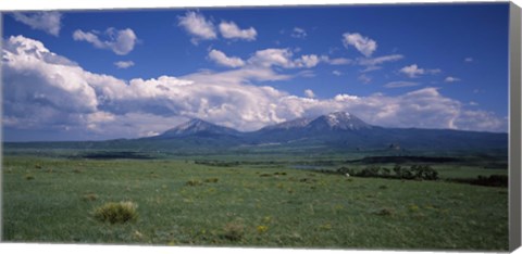 Framed Meadow with mountains in the background, Cuchara River Valley, Huerfano County, Colorado, USA Print