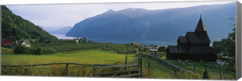 Framed Church in a village, Urnes stave church, Lustrafjorden, Luster, Sogn Og Fjordane, Norway Print