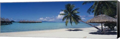 Framed Lounge chair under a beach umbrella, Moana Beach, Bora Bora, French Polynesia Print