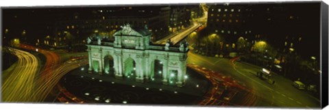 Framed High angle view of a monument lit up at night, Puerta De Alcala, Plaza De La Independencia, Madrid, Spain Print