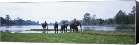 Framed Siem Reap River &amp; Elephants Angkor Vat Cambodia Print