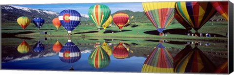 Framed Reflection Of Hot Air Balloons On Water, Colorado, USA Print