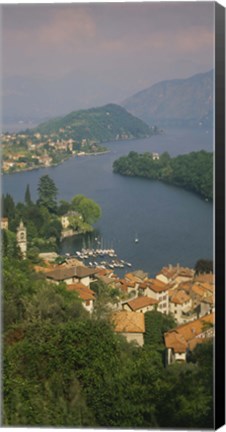 Framed High angle view of houses at the waterfront, Sala Comacina, Lake Como, Italy Print