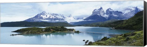 Framed Island in a lake, Lake Pehoe, Hosteria Pehoe, Cuernos Del Paine, Torres del Paine National Park, Patagonia, Chile Print