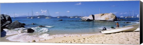 Framed Tourists enjoying on the beach, The Baths, Virgin Gorda, British Virgin Islands Print