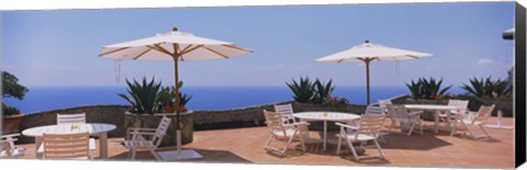 Framed Patio umbrellas in a cafe, Positano, Amalfi Coast, Salerno, Campania, Italy Print