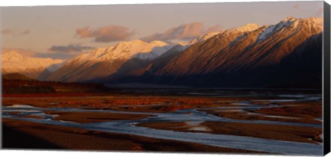 Framed River along mountains, Rakaia River, Canterbury Plains, South Island, New Zealand Print