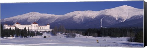 Framed Hotel near snow covered mountains, Mt. Washington Hotel Resort, Mount Washington, Bretton Woods, New Hampshire, USA Print