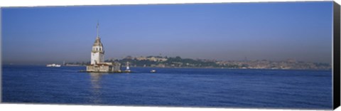 Framed Lighthouse in the sea with mosque in the background, Leander&#39;s Tower, Blue Mosque, Istanbul, Turkey Print