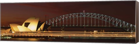 Framed Opera house lit up at night with light streaks, Sydney Harbor Bridge, Sydney Opera House, Sydney, New South Wales, Australia Print