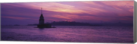 Framed Lighthouse in the sea with mosque in the background, St. Sophia, Leander&#39;s Tower, Blue Mosque, Istanbul, Turkey Print