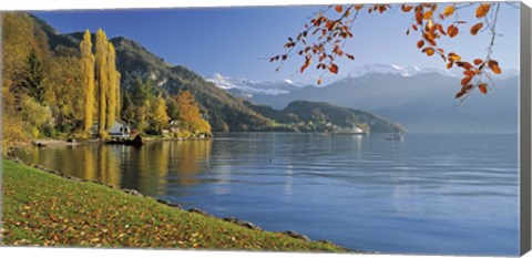 Framed Switzerland, Canton Lucerne, Lake Vierwaldstattersee Vitznau, Panoramic view of mountains around a lake Print