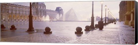 Framed Street lights lit up at dawn, Louvre Pyramid, Musee Du Louvre, Paris, France Print