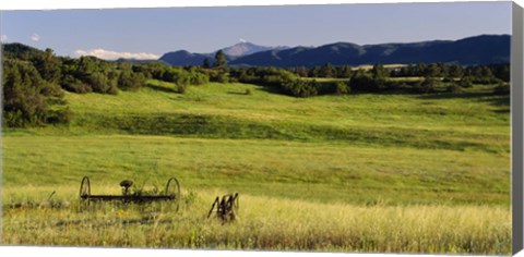 Framed Agricultural equipment in a field, Pikes Peak, Larkspur, Colorado, USA Print