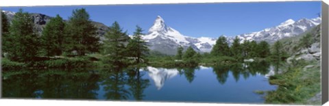 Framed Reflection of a mountain in a lake, Matterhorn, Riffelsee Lake, Pennine Alps, Zermatt, Valley, Switzerland Print