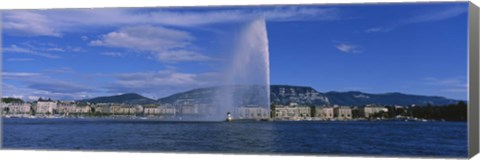 Framed Fountain in front of buildings, Jet D&#39;eau, Geneva, Switzerland Print