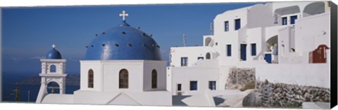 Framed Greece, Santorini, Fira, Church of Anastasis, Blue dome on a Church Print