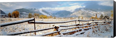 Framed Wooden fence covered with snow at the countryside, Colorado, USA Print