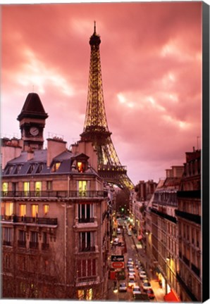 Framed Paris Street Scene with Eiffel Tower and Red Sky Print