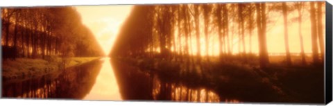 Framed Belgium, tree lined waterway through countryside, sepia tone Print