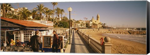 Framed Tourists in a cafe, Tapas Cafe, Sitges Beach, Catalonia, Spain Print