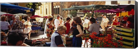 Framed Group of people in a street market, Ceret, France Print