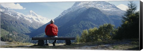 Framed Hiker Contemplating Mountains Switzerland Print