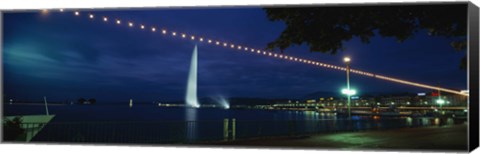 Framed Fountain at night, Jet D&#39;eau, Geneva, Switzerland Print