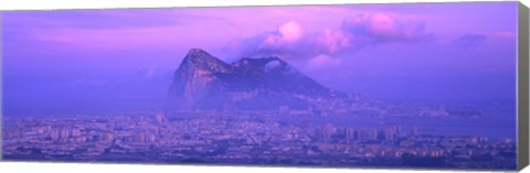 Framed Rock Of Gibraltar in the fog at dusk, Andalucia, Spain Print