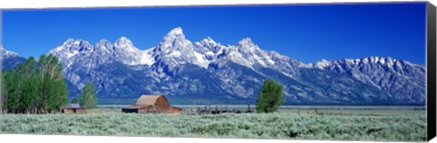 Framed Barn On Plain Before Mountains, Grand Teton National Park, Wyoming, USA Print